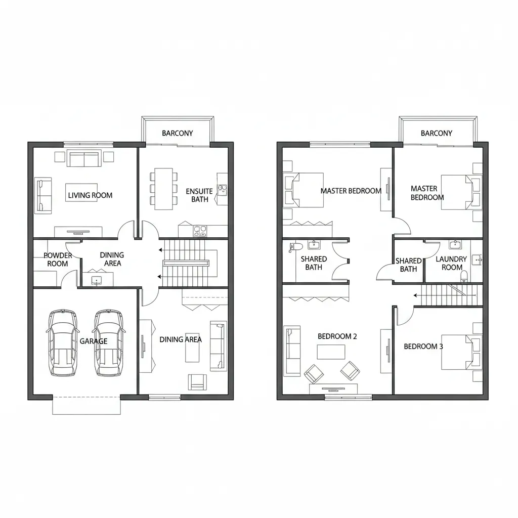 Two level house floor plan showing garage living area dining space and three labeled bedrooms
