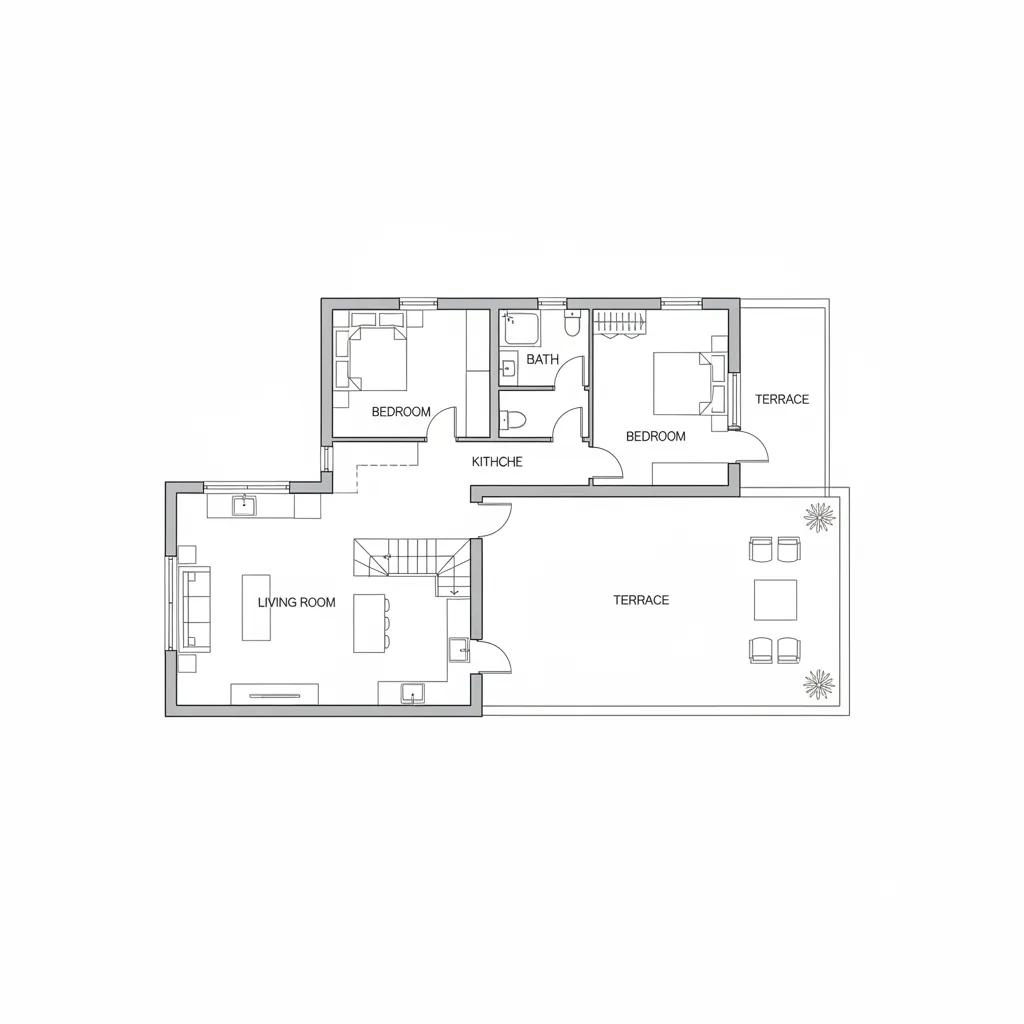 Plano arquitectónico de casa de dos plantas con terraza
