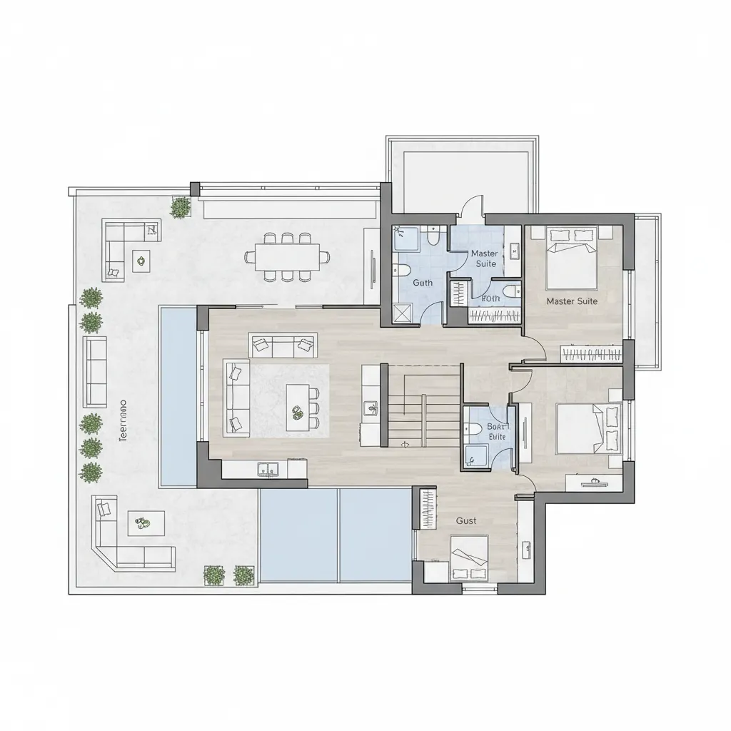 Plano arquitectónico de casa de dos plantas con terraza