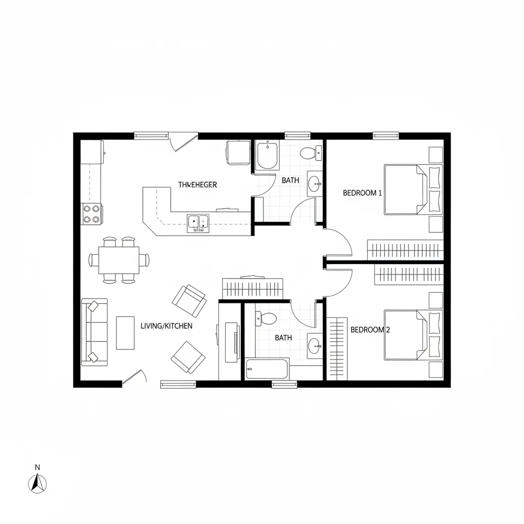 Plano sencillo de casa económica con distribución compacta
