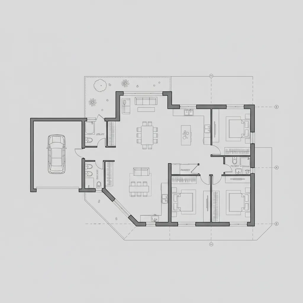 Plano arquitectónico de una casa diseñada para un terreno en esquina