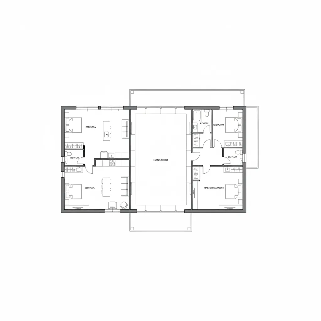 Plano arquitectónico simple de una casa en forma de L