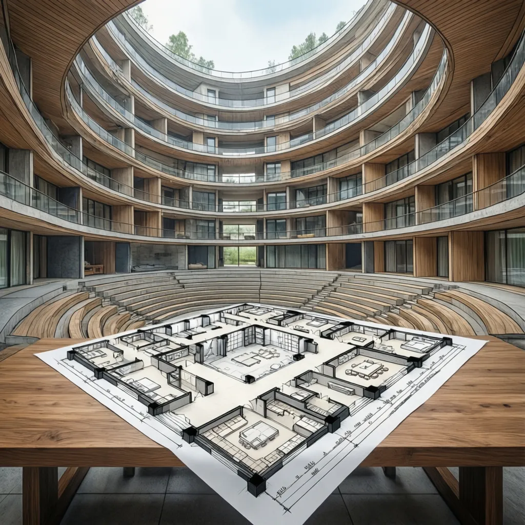 Plano arquitectónico mostrando distribución escalonada de una vivienda