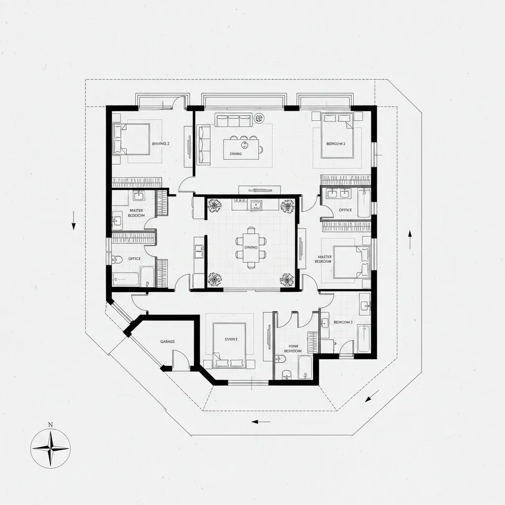 Plano arquitectónico de casa en esquina con distribución en L