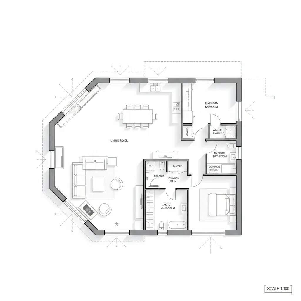 Plano arquitectónico de casa en esquina mostrando entrada de luz desde dos fachadas
