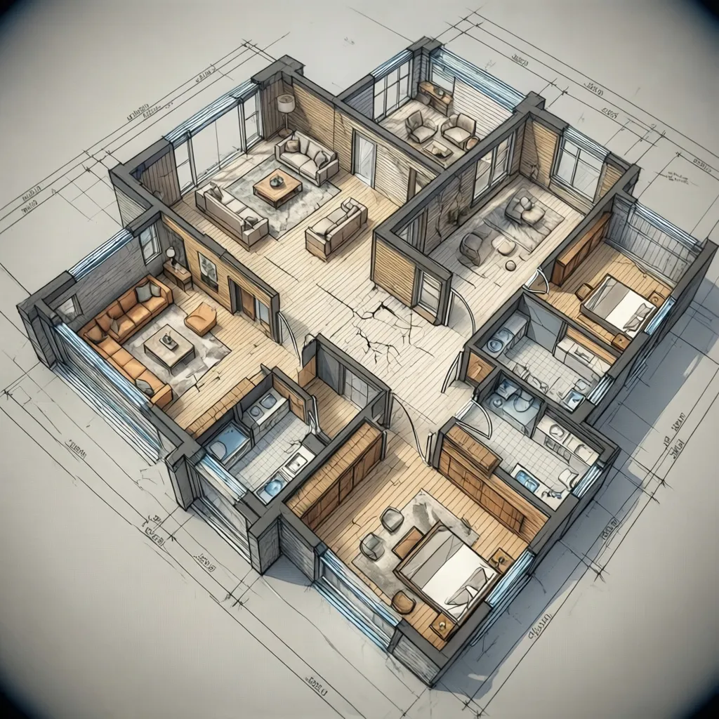 Plano arquitectónico de una casa estilo canadiense con planta abierta
