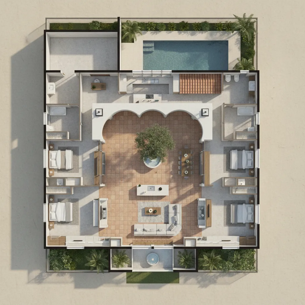Plano arquitectónico de una casa española con patio central