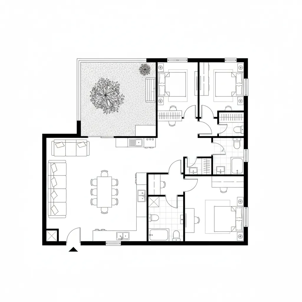 Plano de distribución de una casa de una planta con fachada de 8 metros