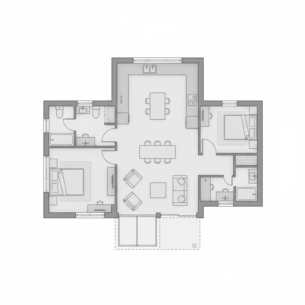 Plano arquitectónico de una casa compacta para finca pequeña