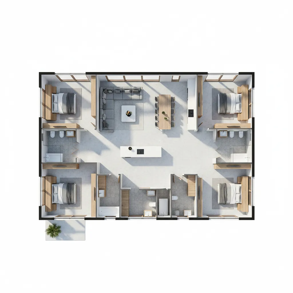 Plano arquitectónico de casa en forma de L con cuatro habitaciones