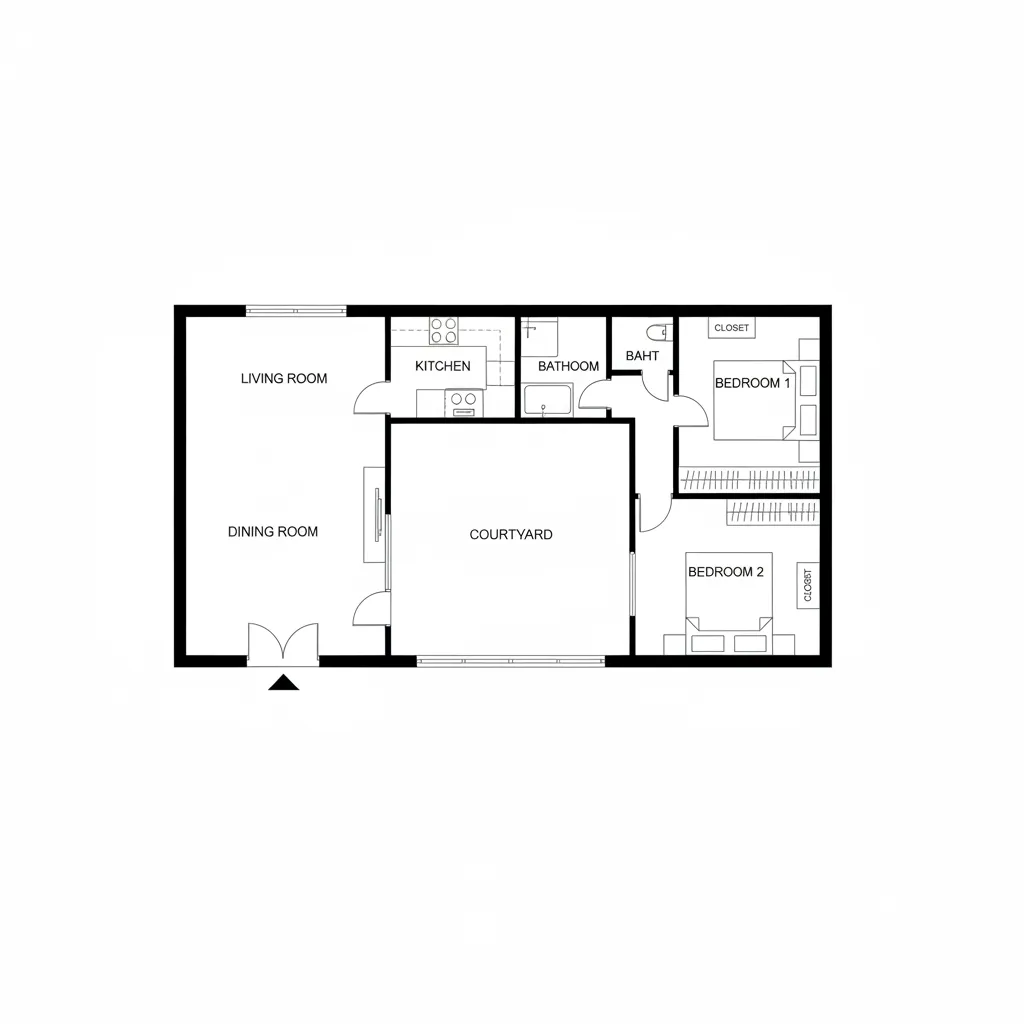 Plano arquitectónico simple de una casa en forma de L con patio