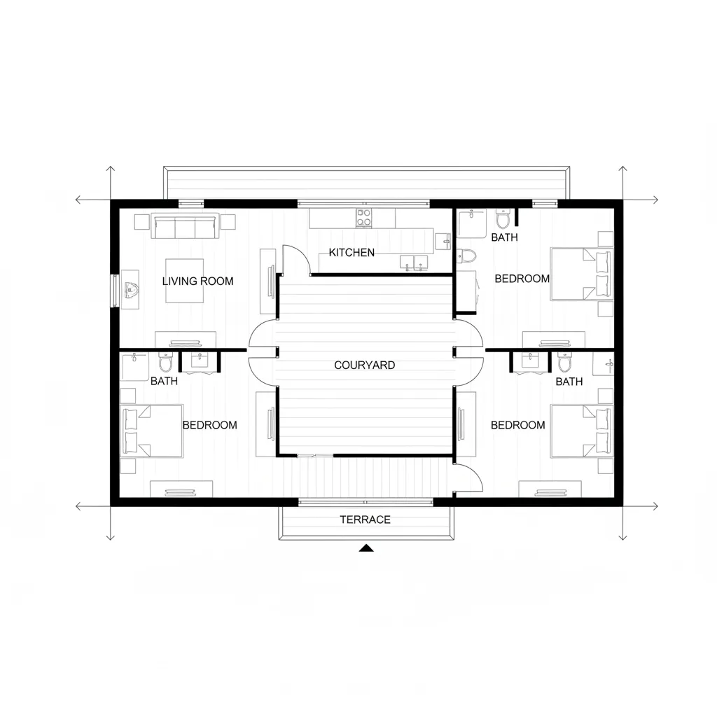 Plano arquitectónico de una casa en forma de L con patio interior