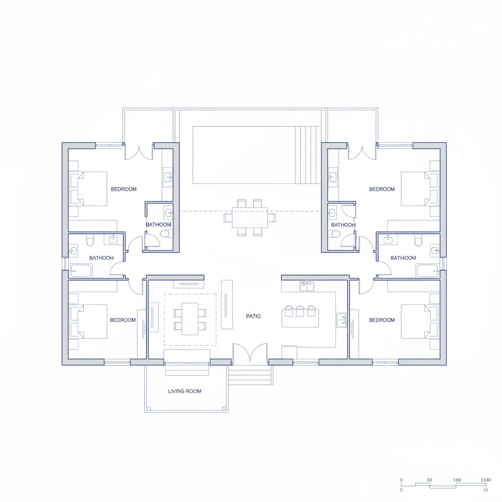 Plano arquitectónico de una casa en forma de U con patio central