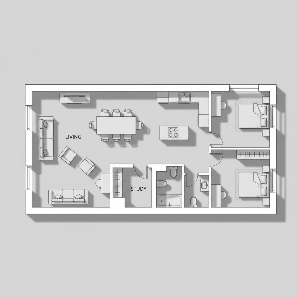 Plano moderno de casa optimizado con zonas sociales y privadas bien definidas