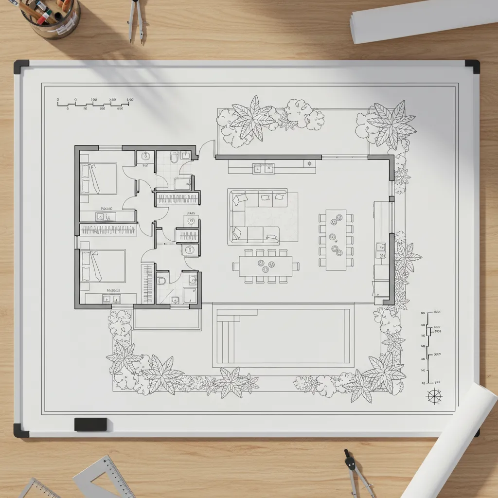 Plano arquitectónico de casa con distribución abierta