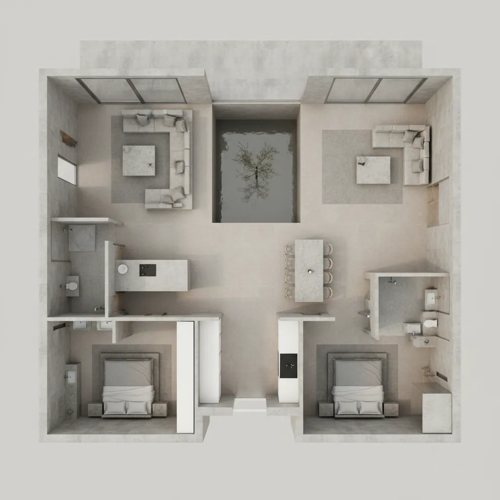 Plano 3D de una casa moderna de hormigón