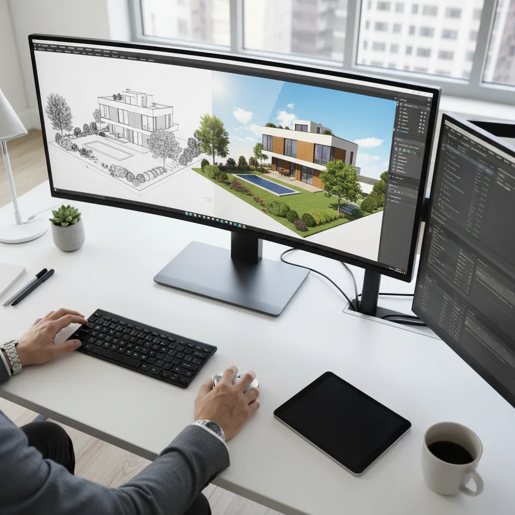 Coohom interior design software showing a house sketch and a 3D garden landscape design drawing