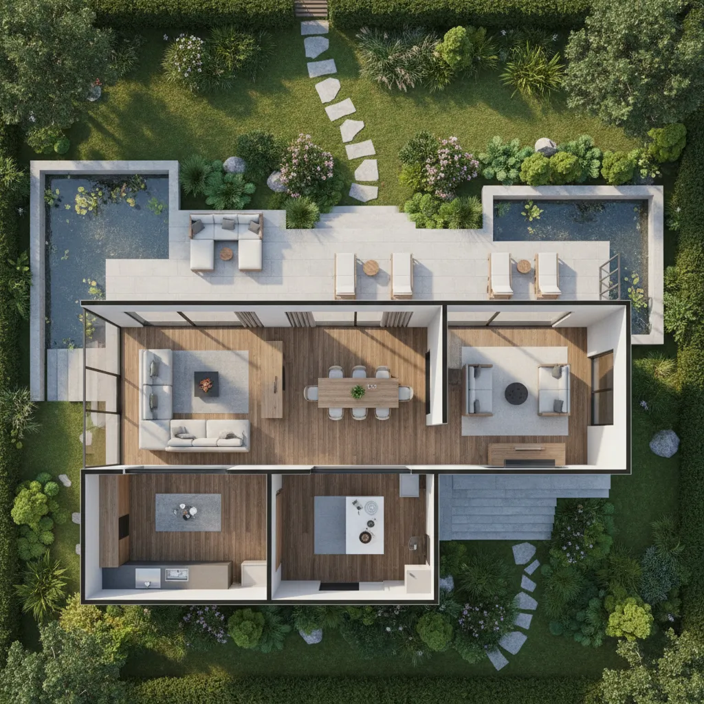 Top view of 3D house layout with wood floors living room dining area and outdoor garden