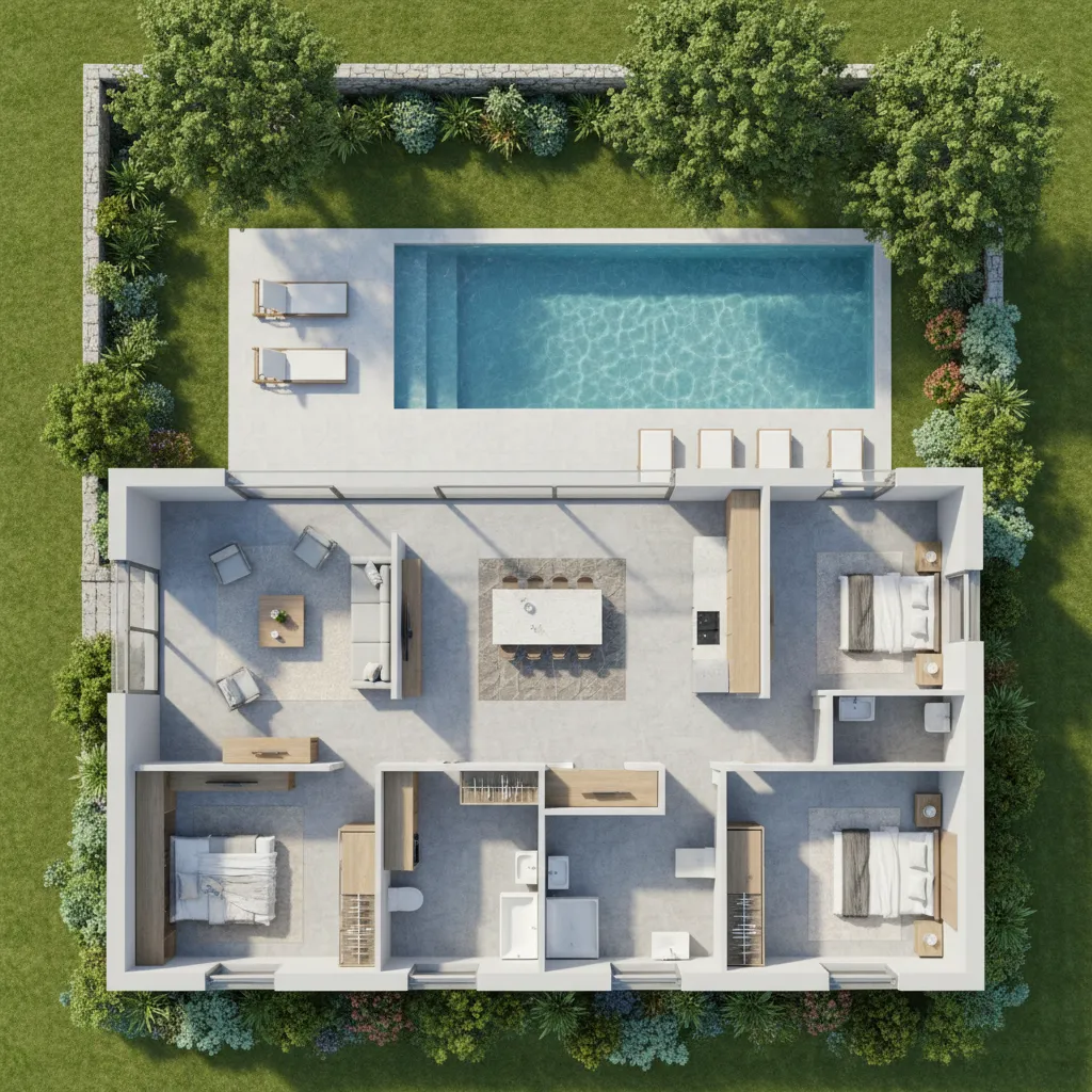 Plano 3D de una casa con jardín y piscina visto desde arriba