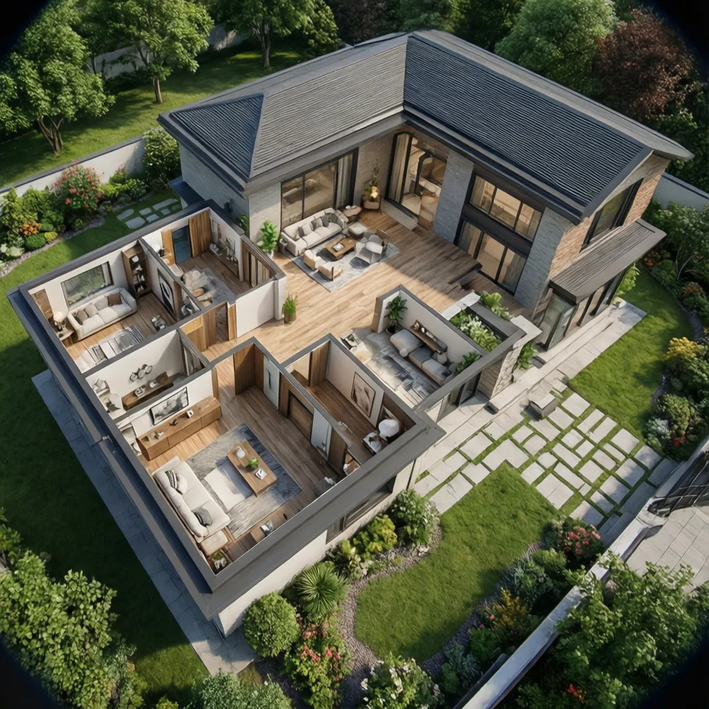 Plano 3D de una vivienda con distribución interior conectada al jardín