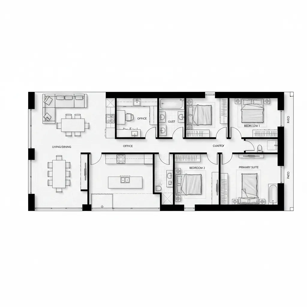 Plano arquitectónico de una casa larga y angosta con distribución lineal