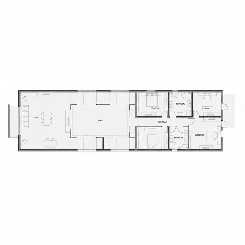 Plano arquitectónico de una casa larga con zonas separadas por patios interiores