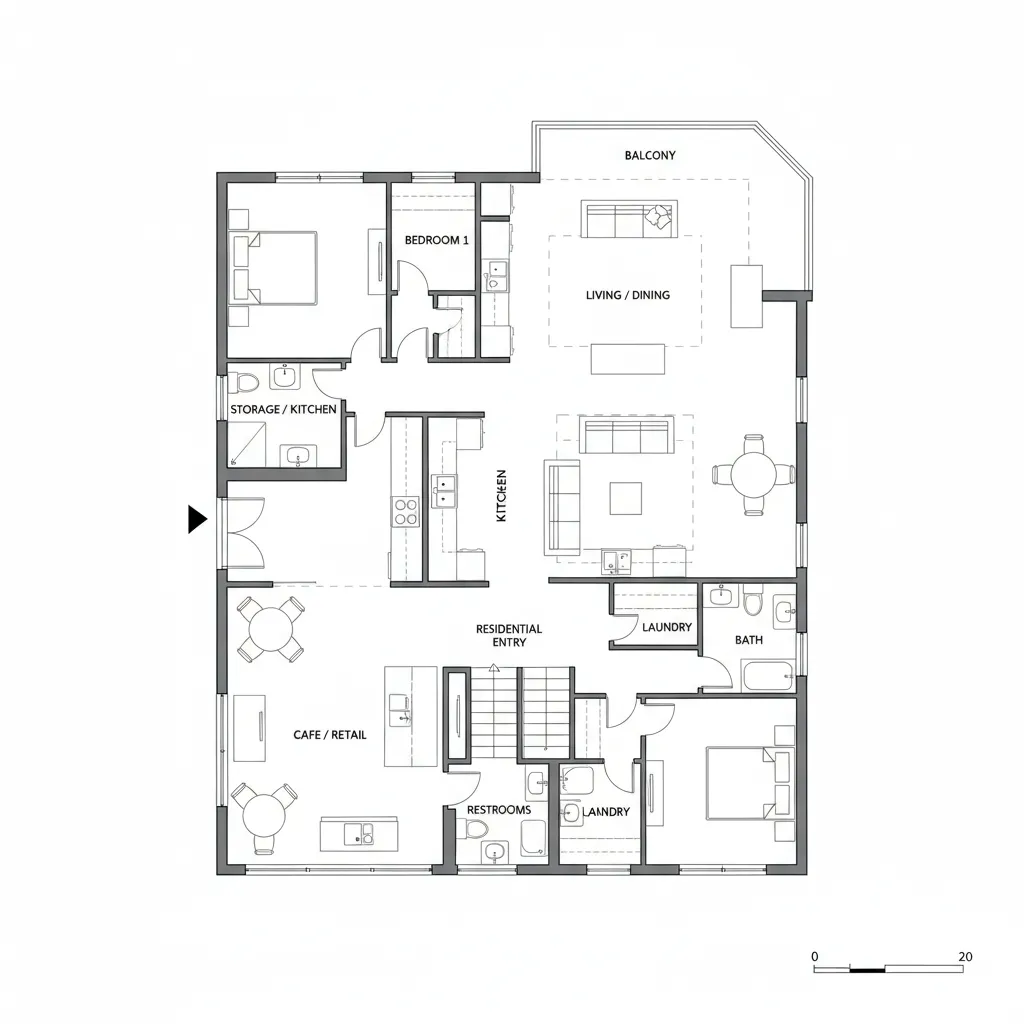 Plano arquitectónico de casa con local comercial en planta baja
