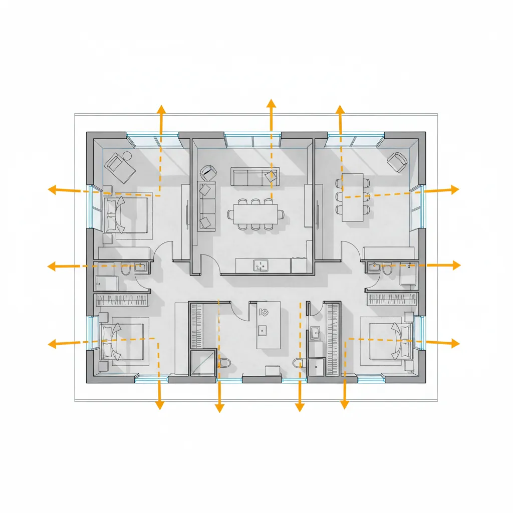 Plano arquitectónico con orientación solar y entrada de luz natural