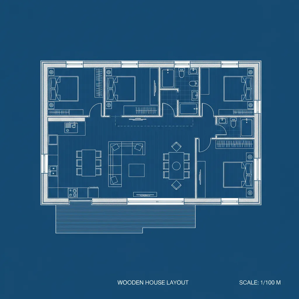 Blueprint showing four bedroom wooden house layout with living room kitchen dining area and deck