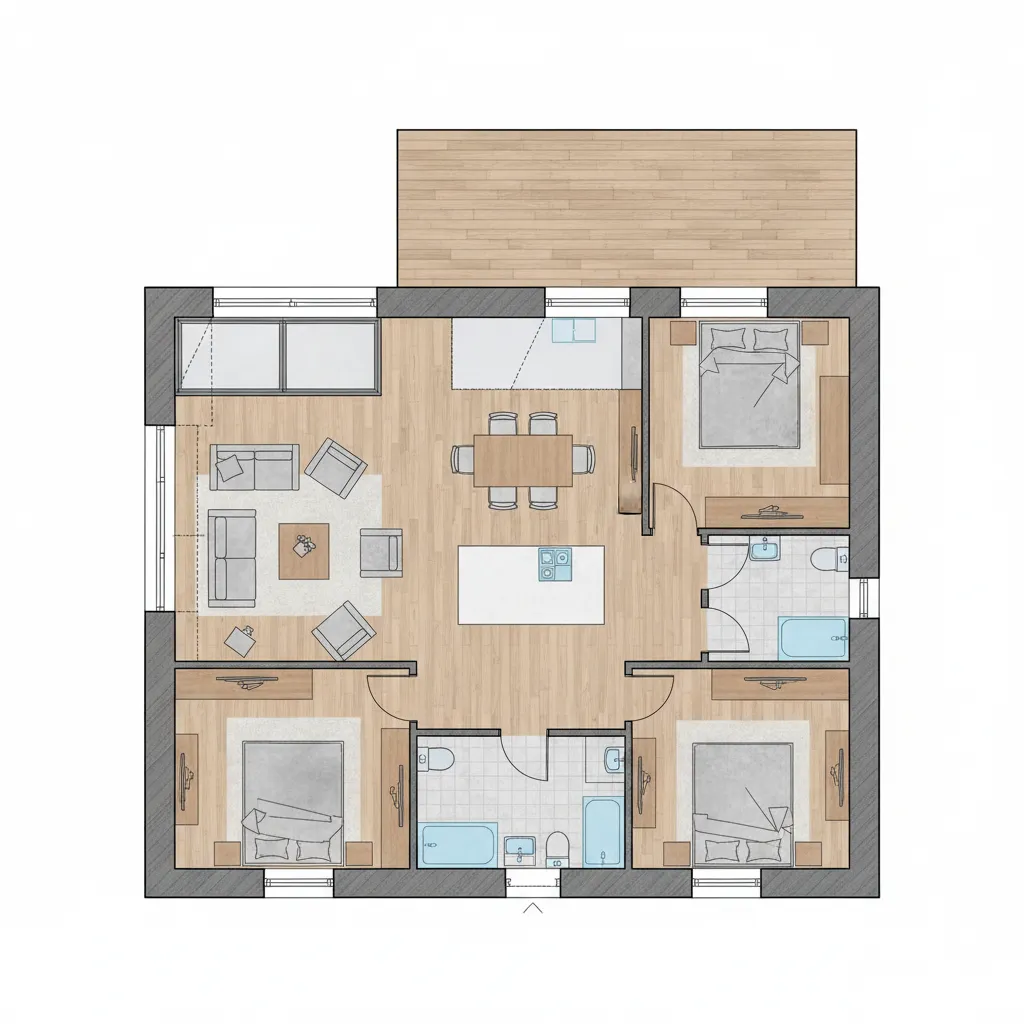 Plano arquitectónico de una casa de madera con distribución interior