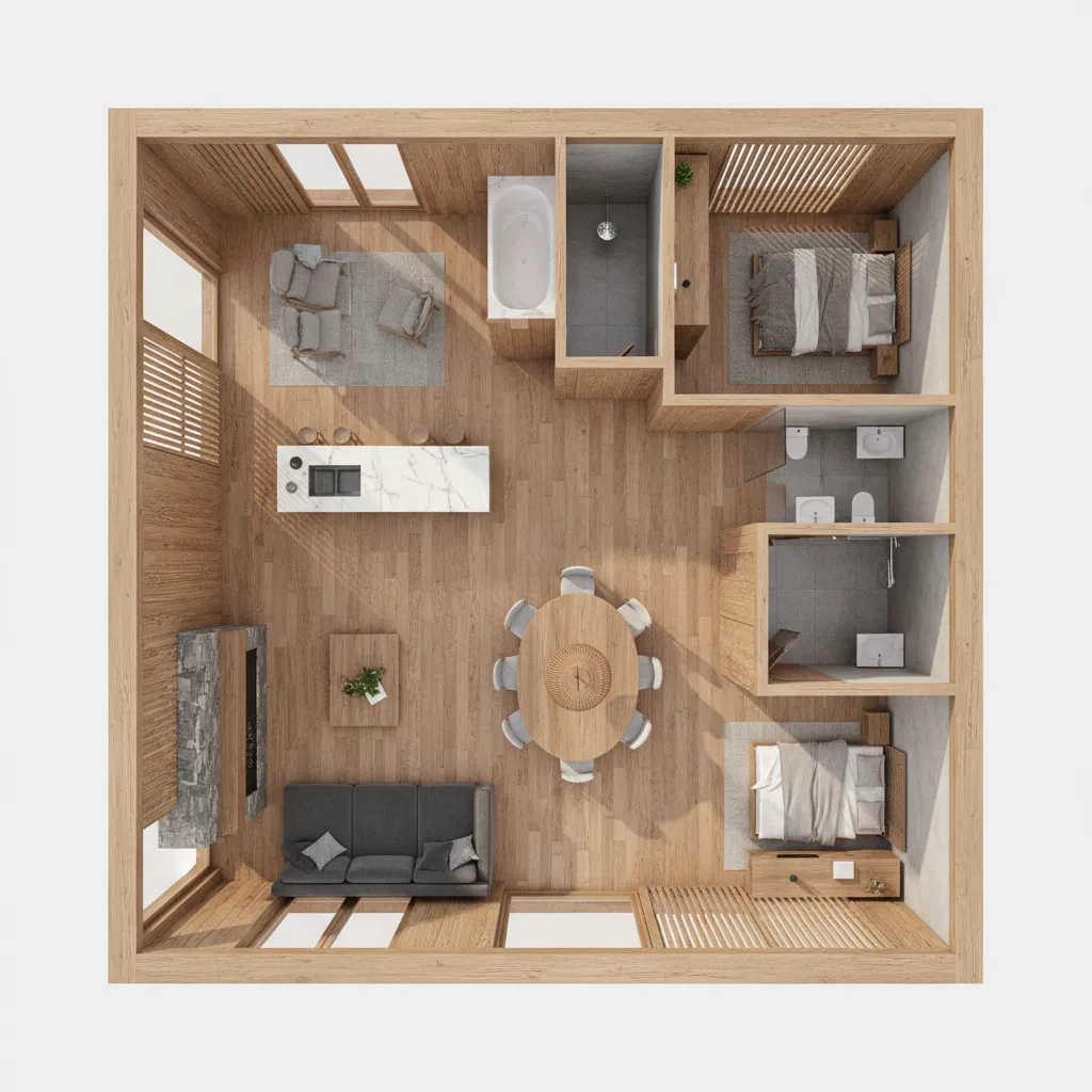 Plano 3D de distribución de una casa de madera moderna
