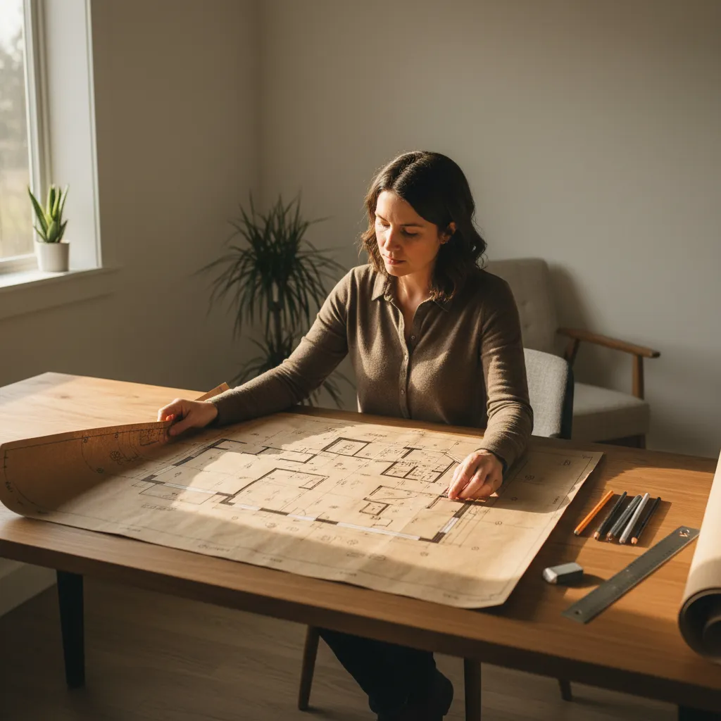 Plano arquitectónico de una casa de madera con distribución abierta