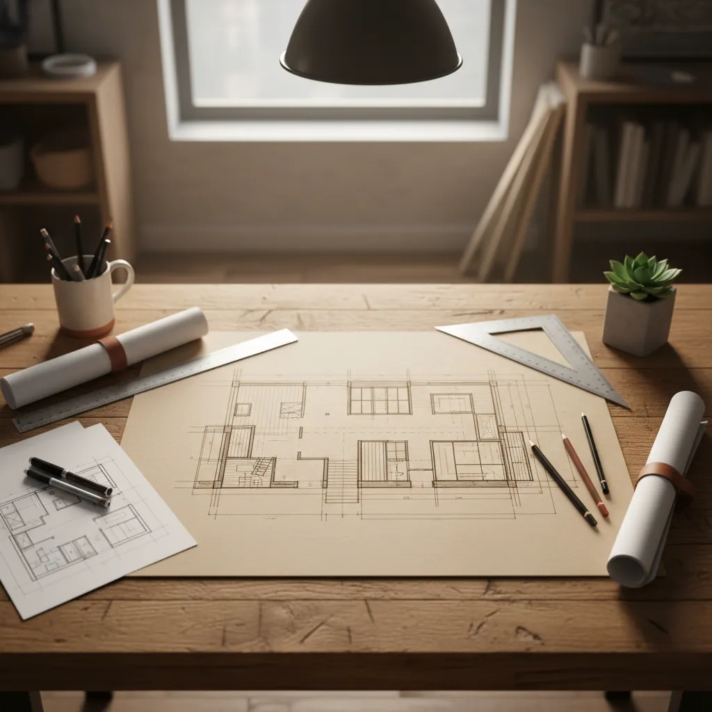 plano arquitectónico de una casa de madera sobre mesa de trabajo