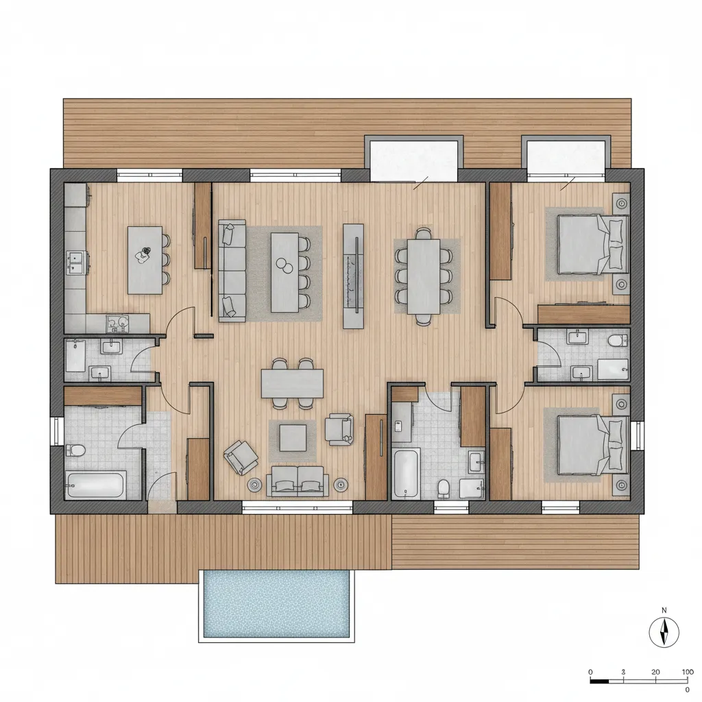 Interior design drawing showing a house layout with kitchen, dining area, living room, and bedrooms