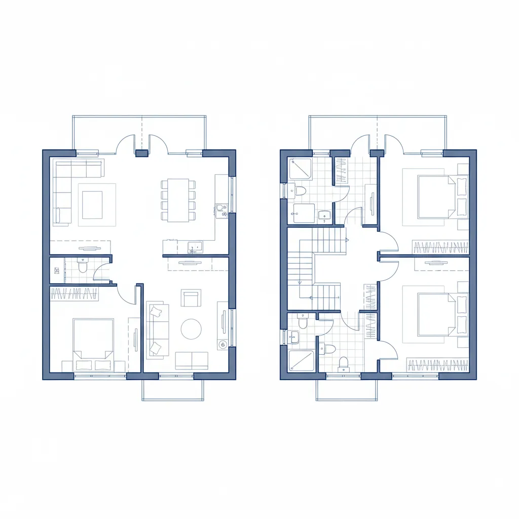 Plano arquitectónico de casa de madera de dos plantas con distribución moderna