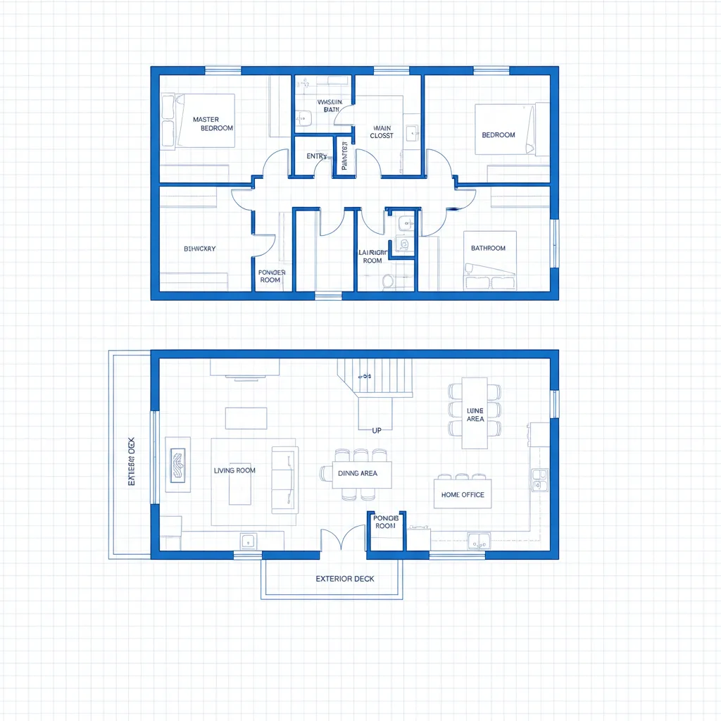 Plano arquitectónico de una casa de madera de dos plantas con distribución clara