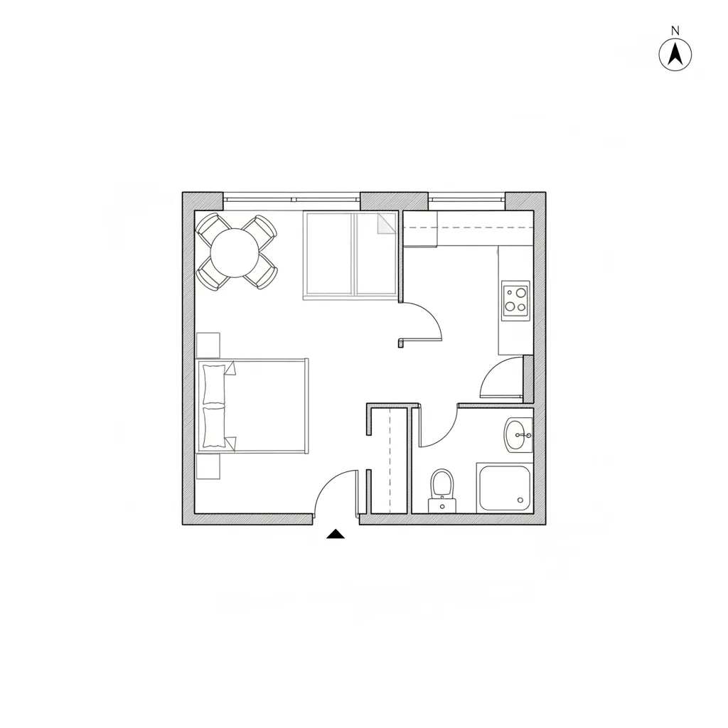 Plano simple de casa de madera económica con distribución eficiente