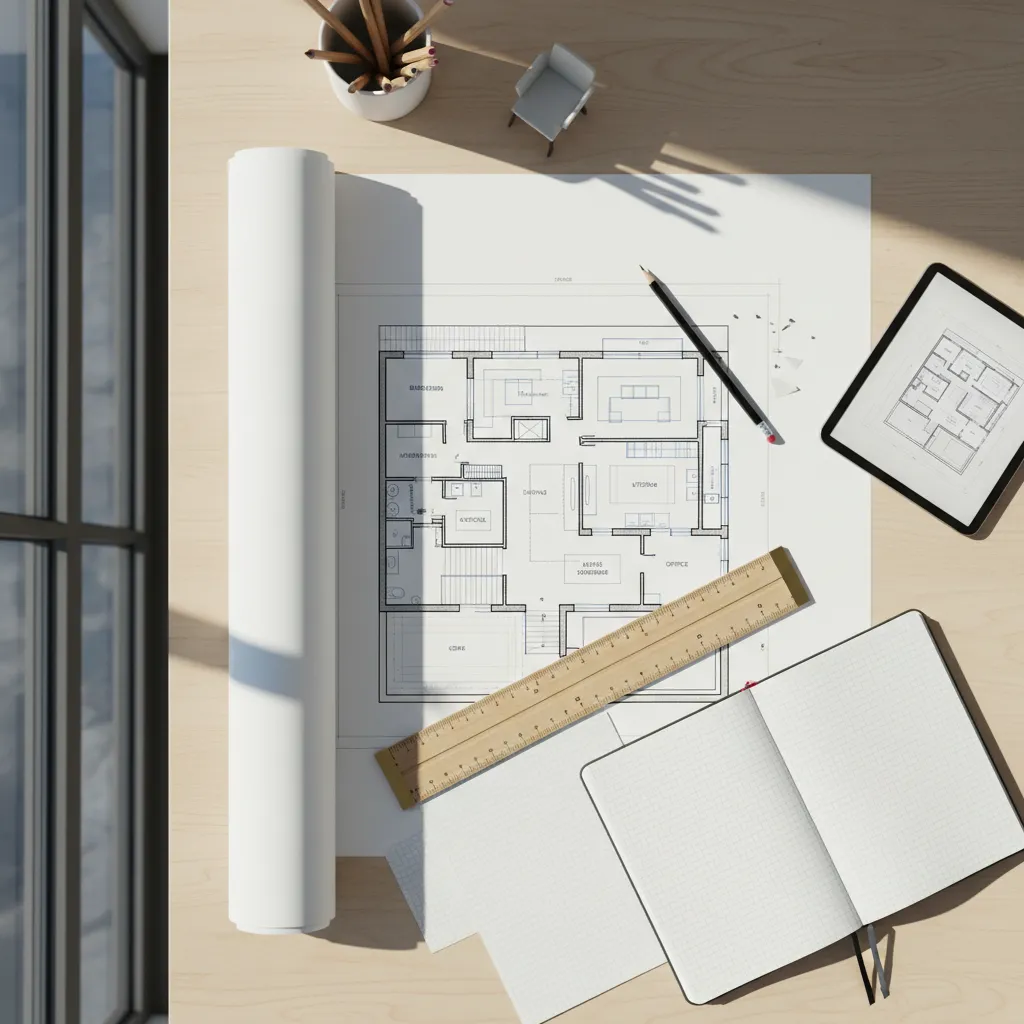 Top view of wooden desk with printed floor plan ruler notebook pencil and digital tablet