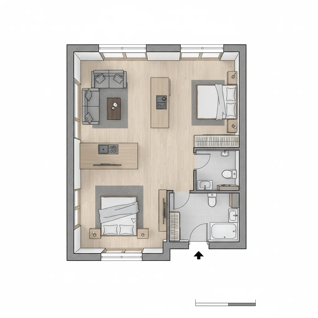 plano arquitectónico de una casa de madera pequeña