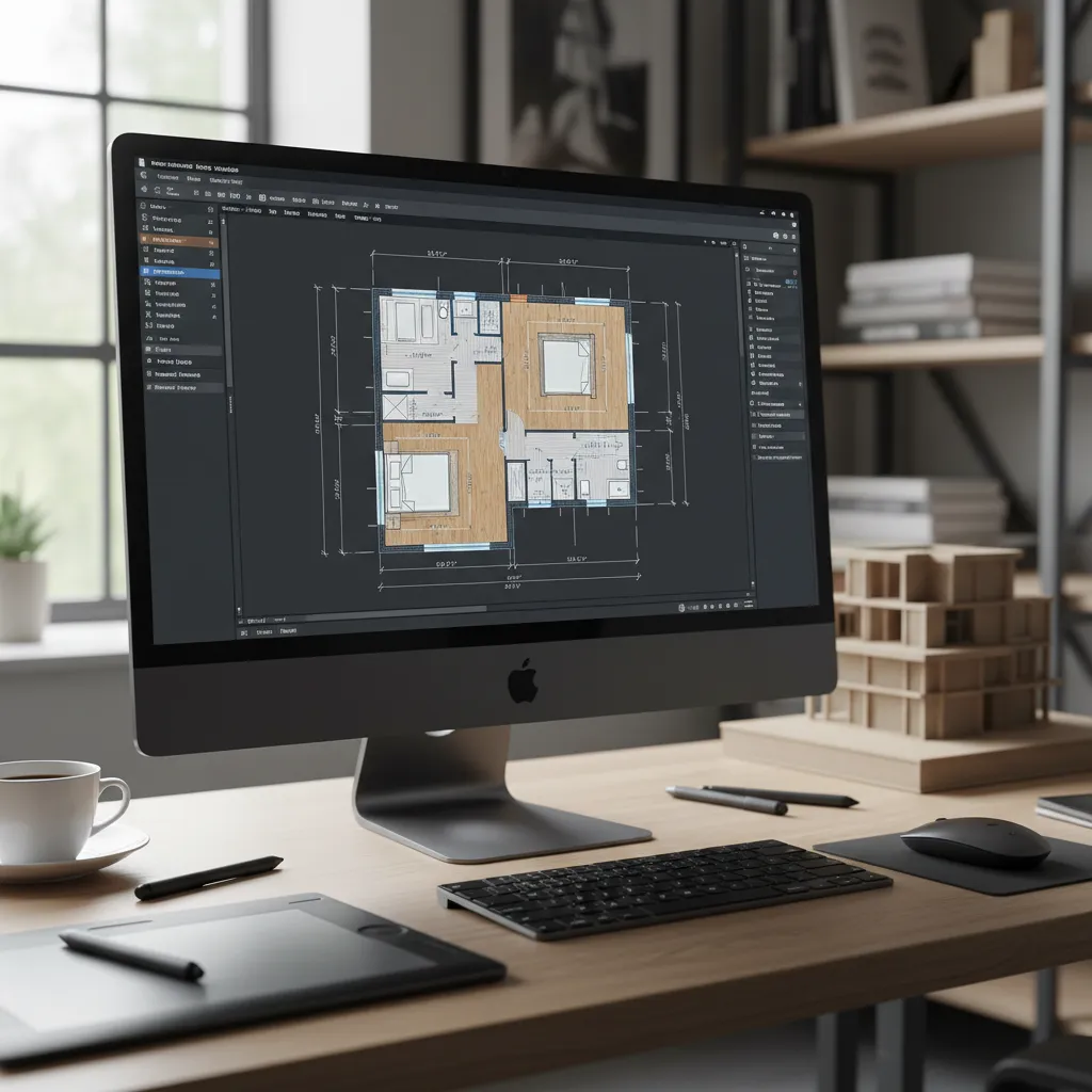 Plano digital de una casa de madera creado en un programa de diseño