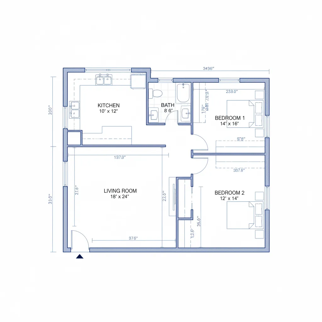 Plano de vivienda con medidas y distribución de habitaciones