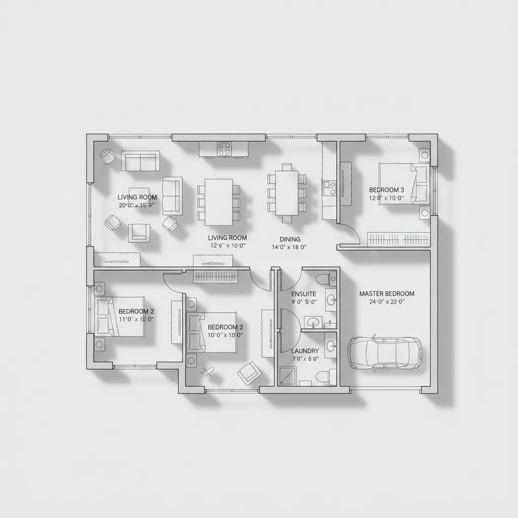 Plano de vivienda con medidas de cada habitación
