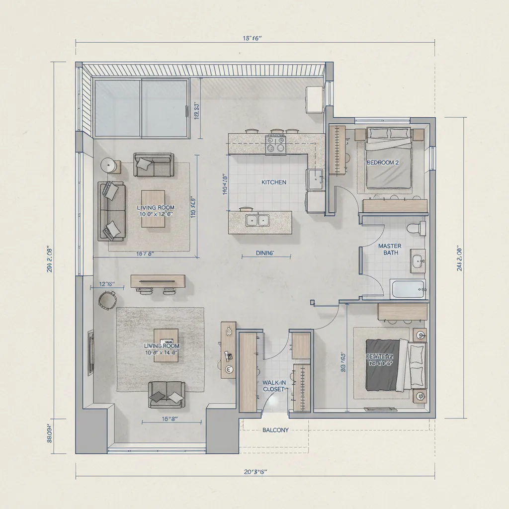 Plano de casa moderno con distribución de habitaciones y dimensiones