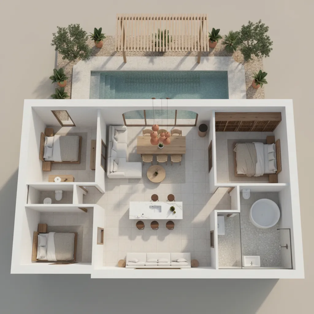 Plano arquitectónico 3D de una casa mediterránea moderna