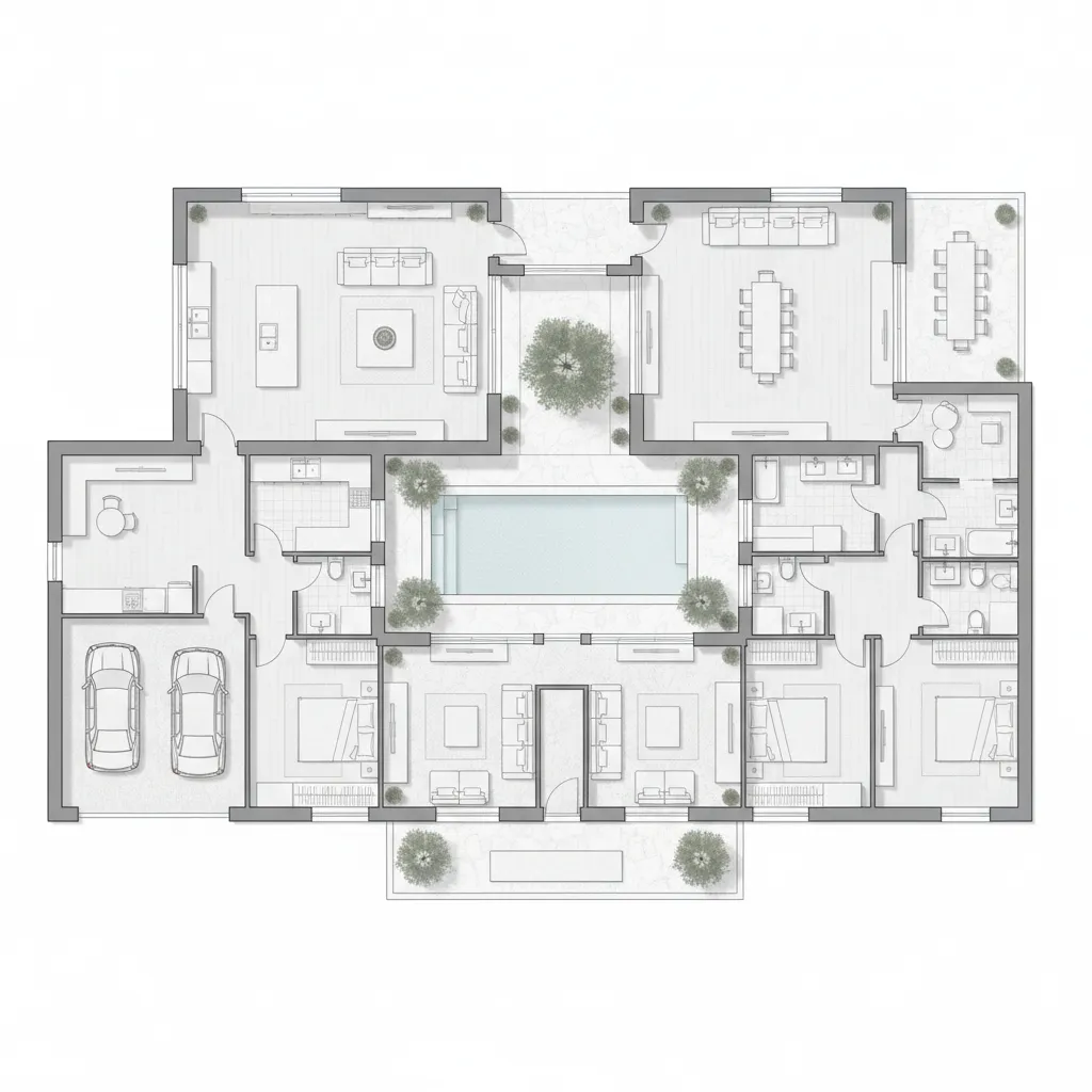 Plano de distribución de una casa mediterránea con patio central