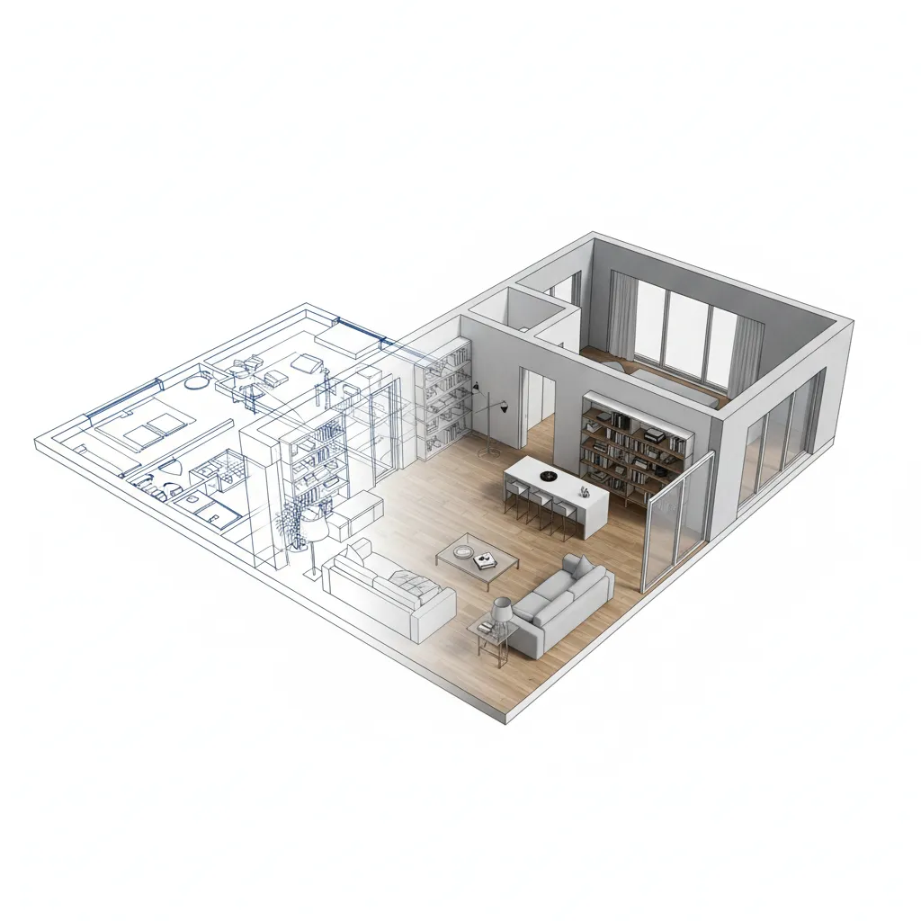 Plano de planta de una vivienda transformándose en modelo 3D