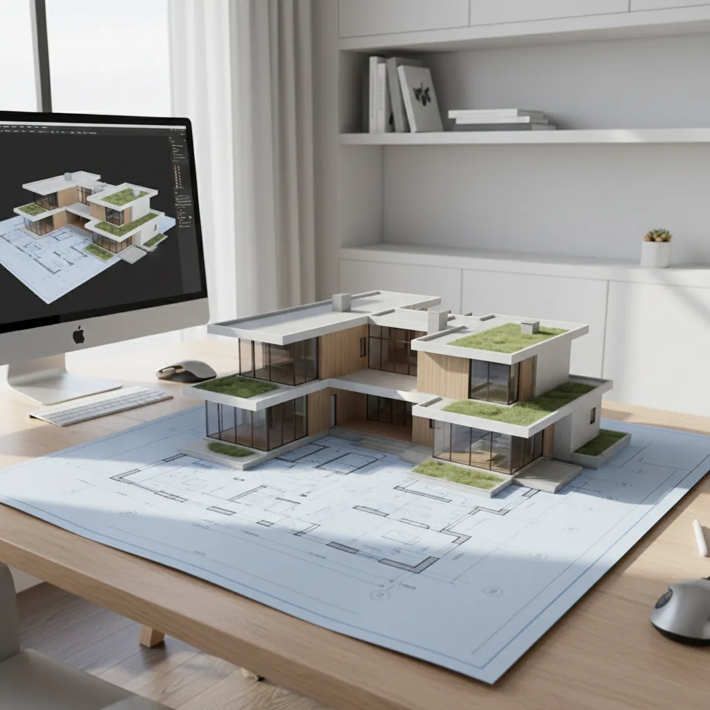Small 3D house model placed on a blue floor plan on a wooden office desk