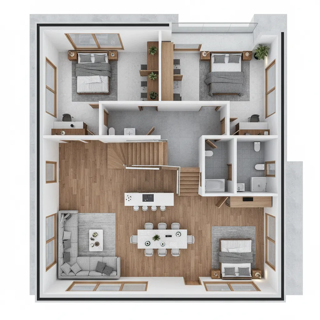 Three bedroom three dimensional floor plan showing living area, kitchen, dining room, and wooden floor