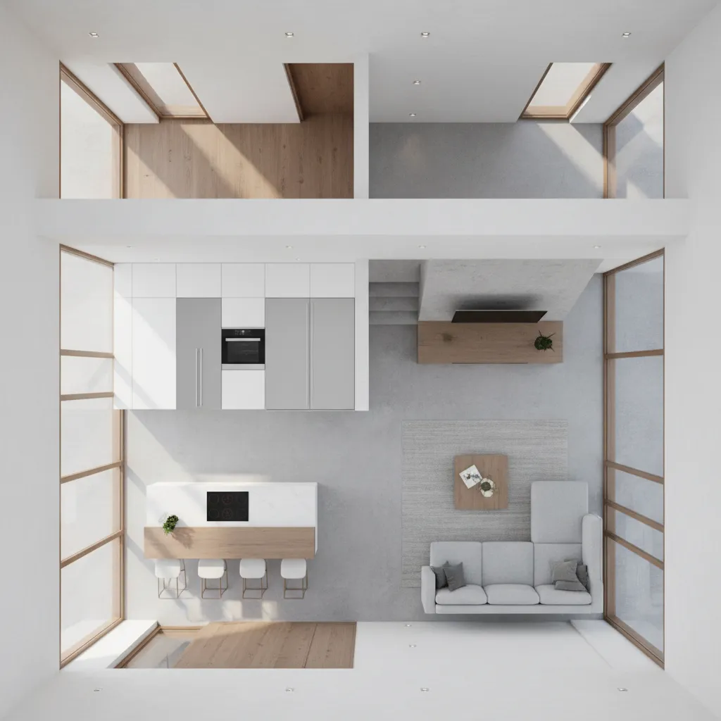 Top view interior design drawing showing kitchen island, grey sofa, wooden floor, and modern layout