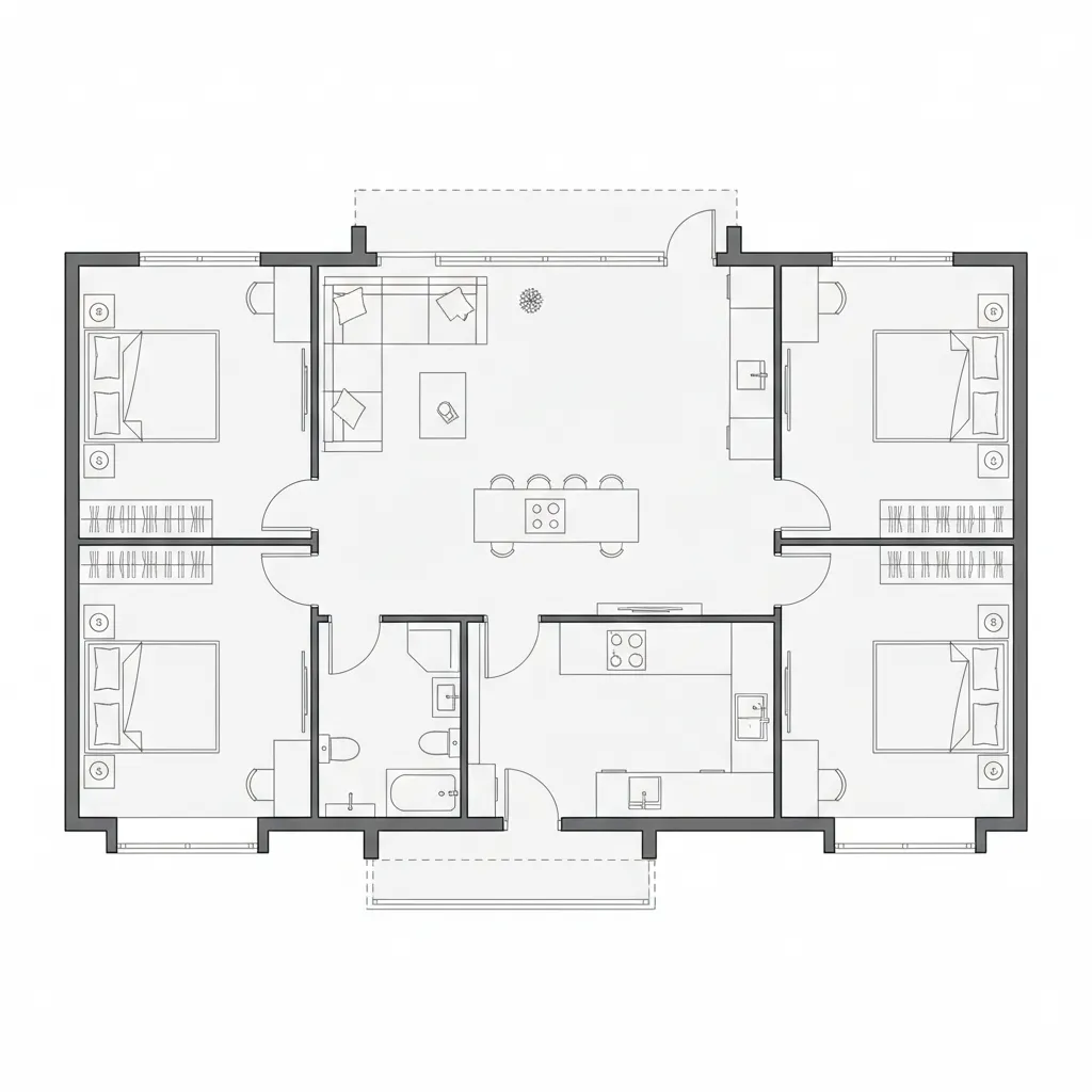Plano arquitectónico simple de casa moderna pequeña con distribución abierta